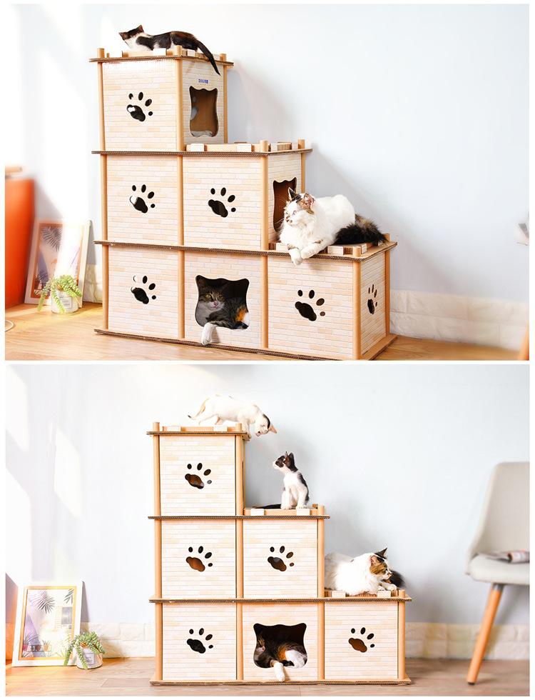 Pet Furniture Corrugated Cat Ladder Cat Tree Scratcher Ladder  阶梯猫爬架猫别墅